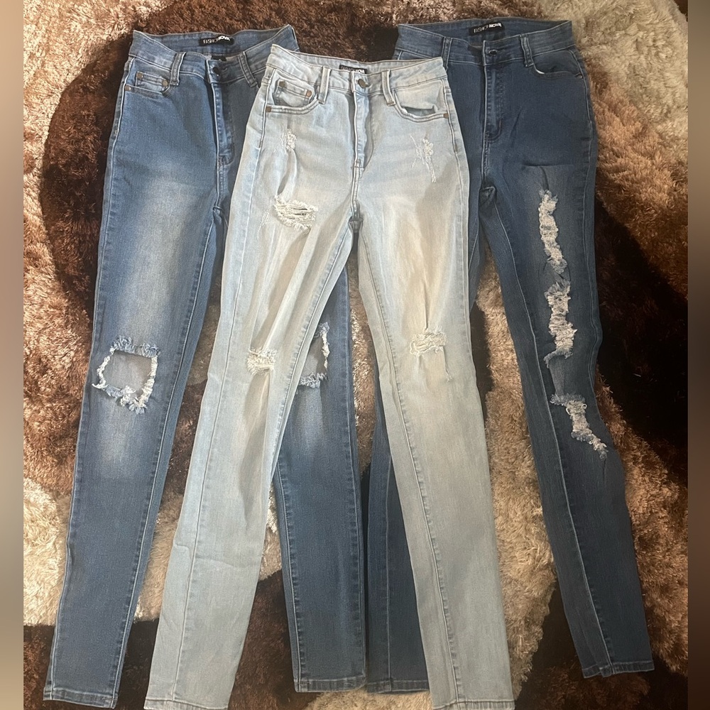 Fashion Nova Ripped Blue and Light Blue Jeans